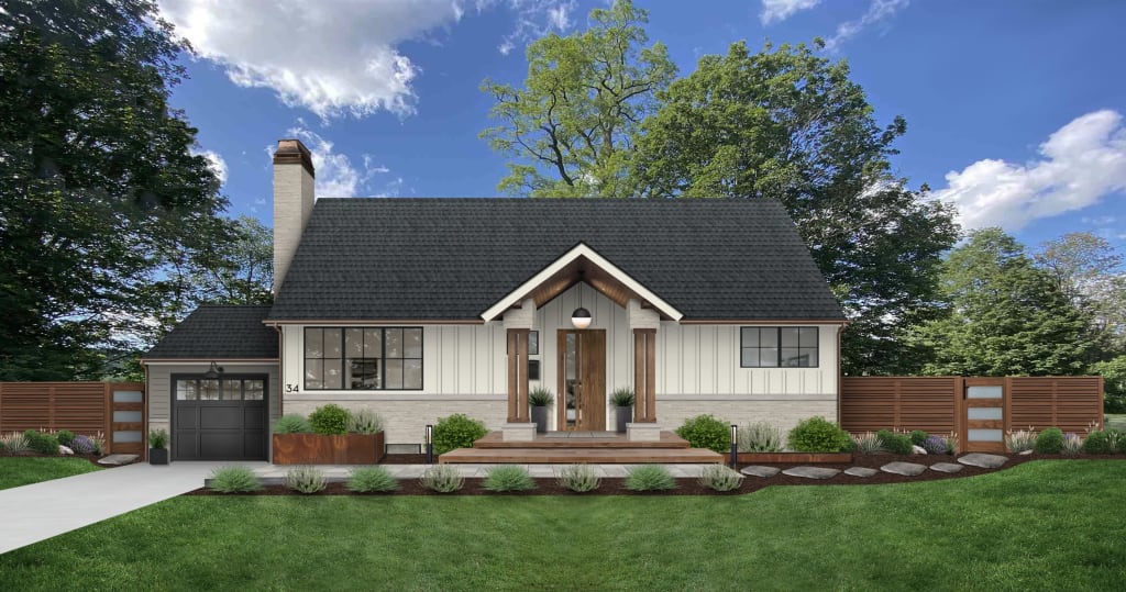 Home exterior with vertical siding and a black shingled roof.