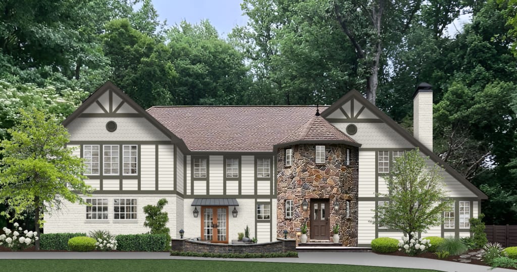 off white house with stone and green trim