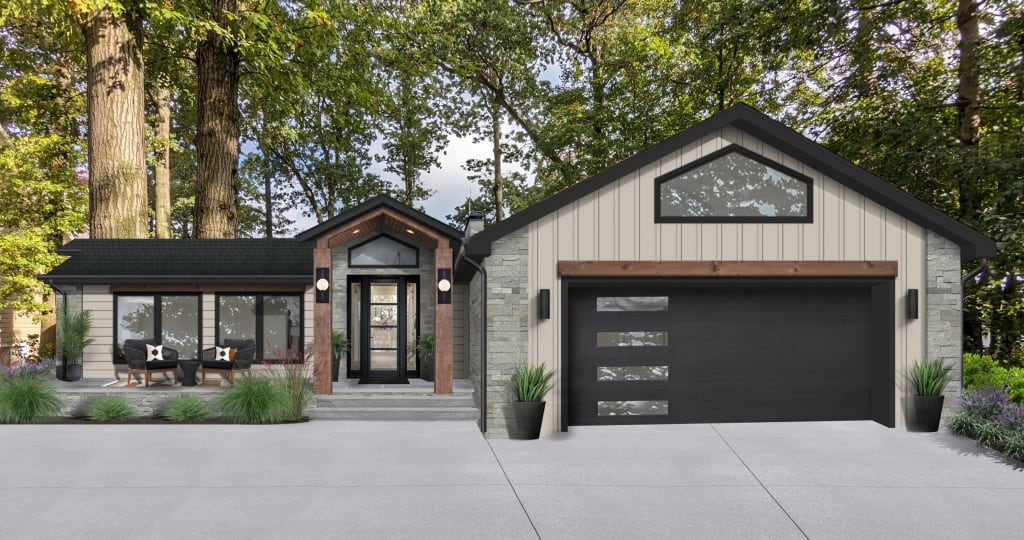 A rendering of a home with a modern cabin aesthetic