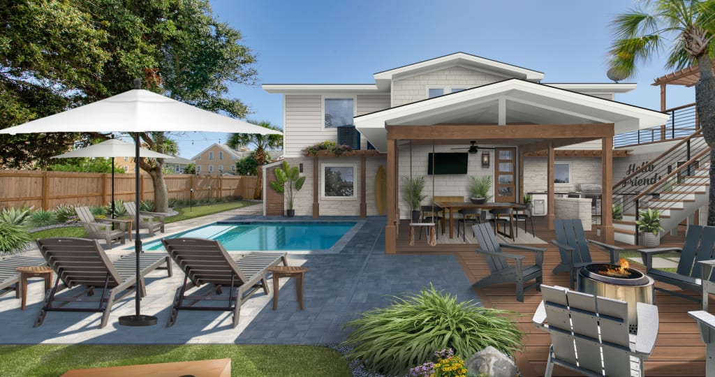 Virtual rendering of the back of a home with a covered patio furnished with a dining table and television next to a plunge pool.