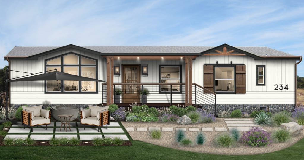 A modern farmhouse with wood shutters