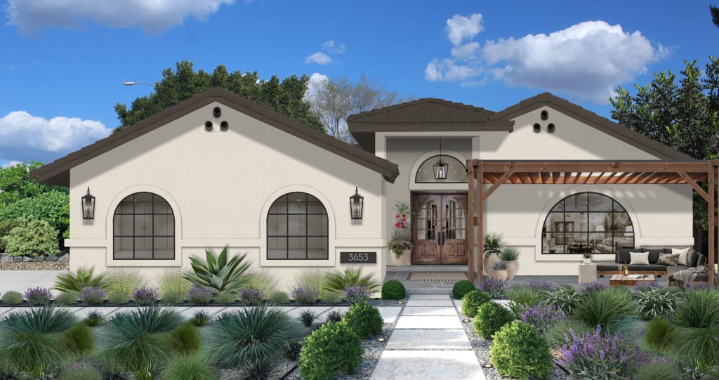 A stucco house rendered in Creamy by Sherwin Williams