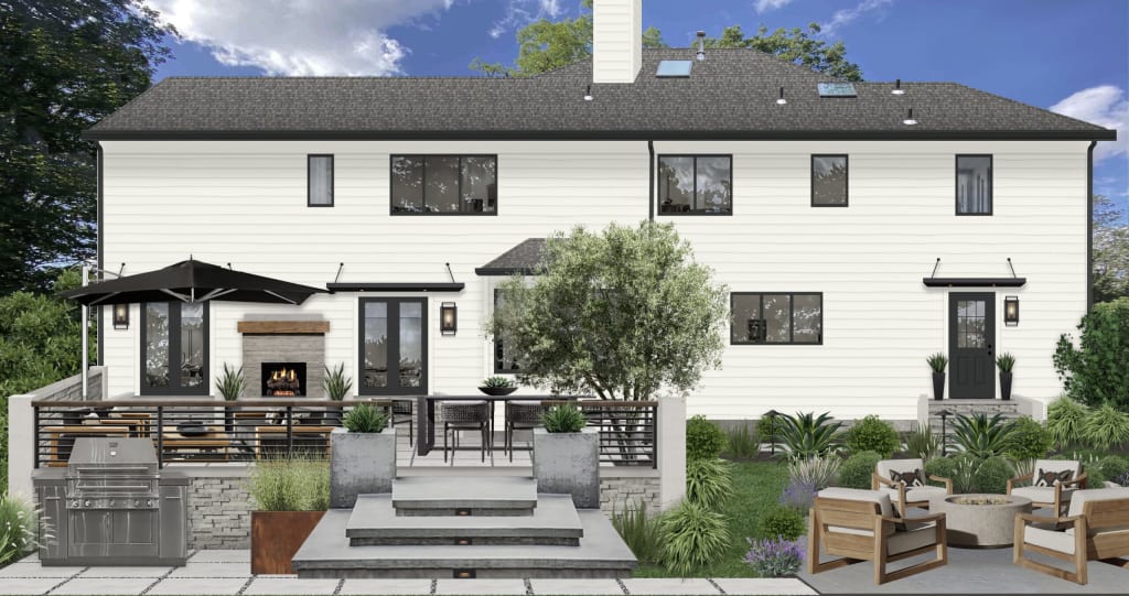 Backyard rendering featuring a large patio with an outdoor fireplace.