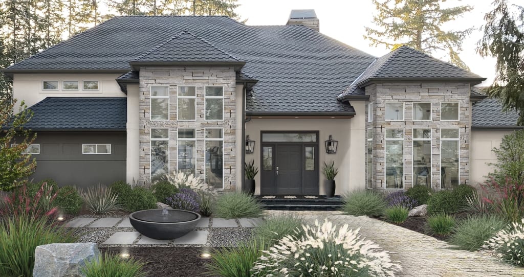 A rendering of a home featuring ledgestone siding
