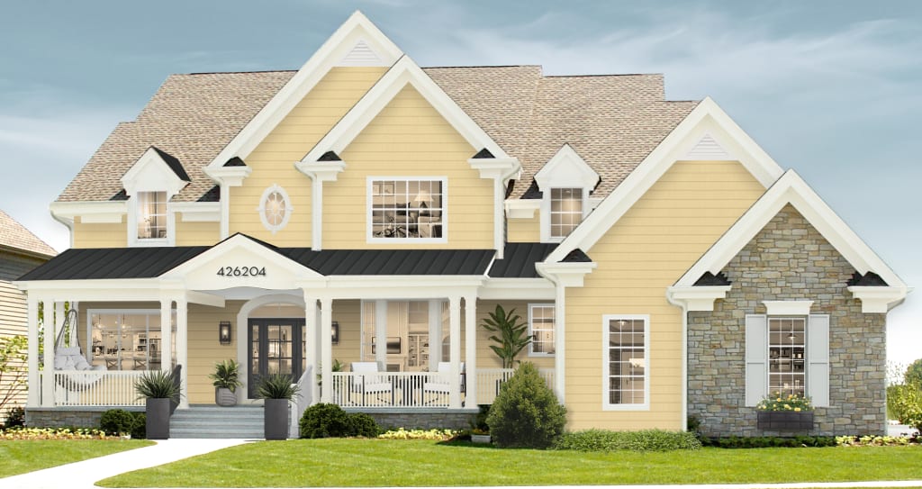 Photorealistic rendering of a home exterior featuring one of brick&batten's favorite gemstone colors