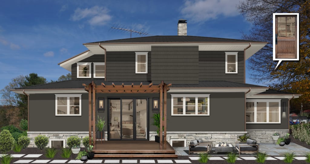 Rear exterior of a home rendered in Sherwin Williams' Urbane Bronze with Revere Pewter accents