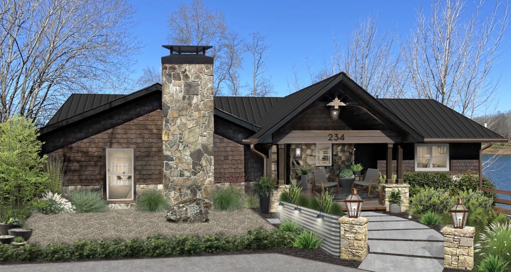 A virtual exterior design rendering of a cabin-style home