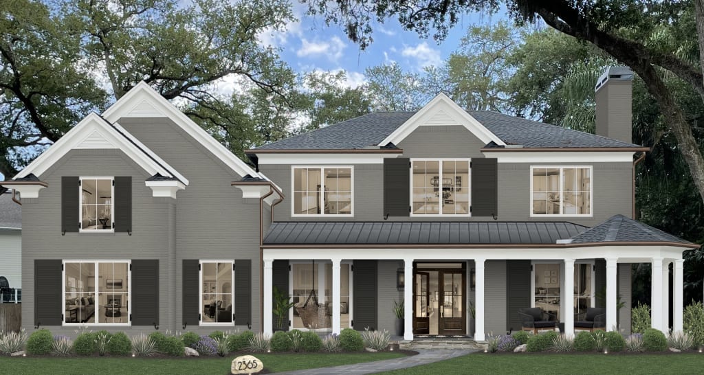 A two-story gray brick home exterior