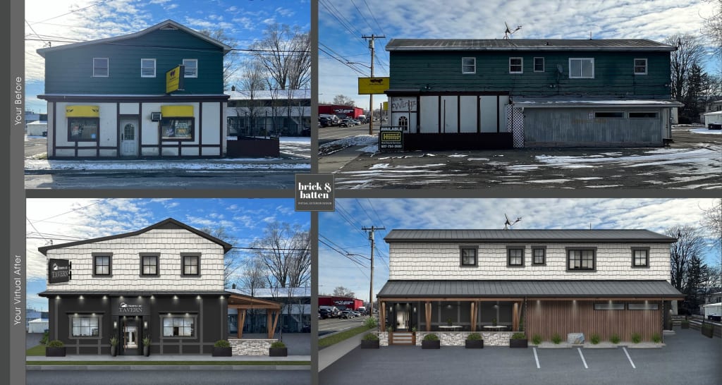 Before and after of a dated tavern with impressively updated curb appeal
