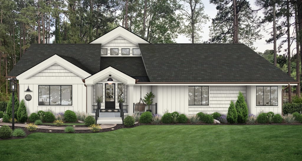 A virtual rendering of a home painted in Sherwin Williams' Westhighland White with black windows and evergreen landscaping.