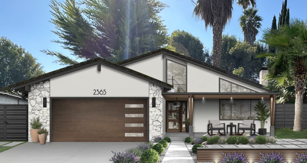 Mid-century modern home exterior finished in off-white paint with wood accents.