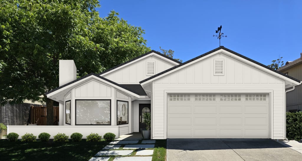 Photorealistic rendering of a home exterior with white vertical siding.