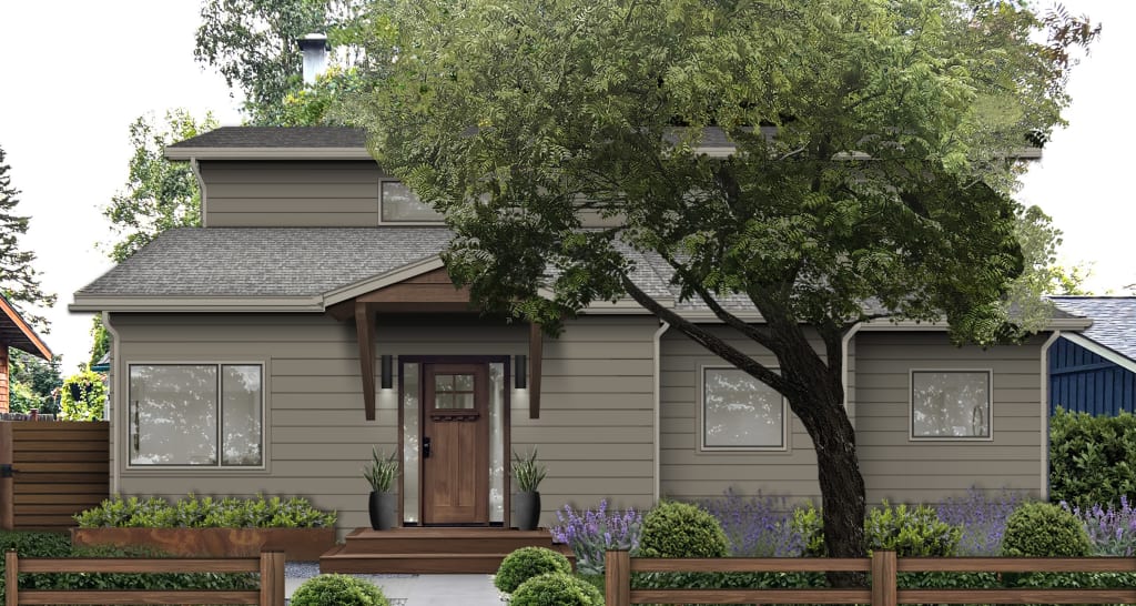 grayish brown house with wood accents