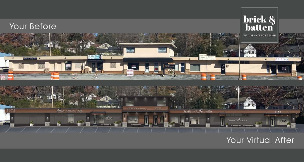 Before and after of a strip mall given a curb appeal upgrade