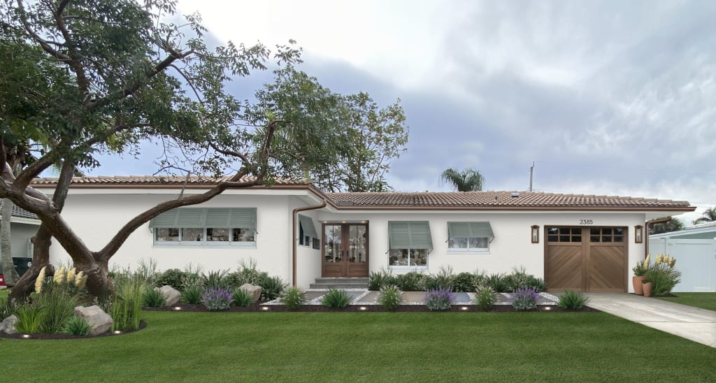 A virtual design of a home exterior with a matching front and garage door