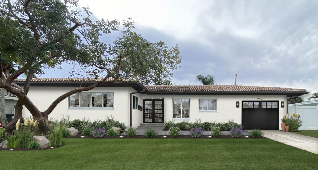 A rendering of a home exterior with a matching front and garage door