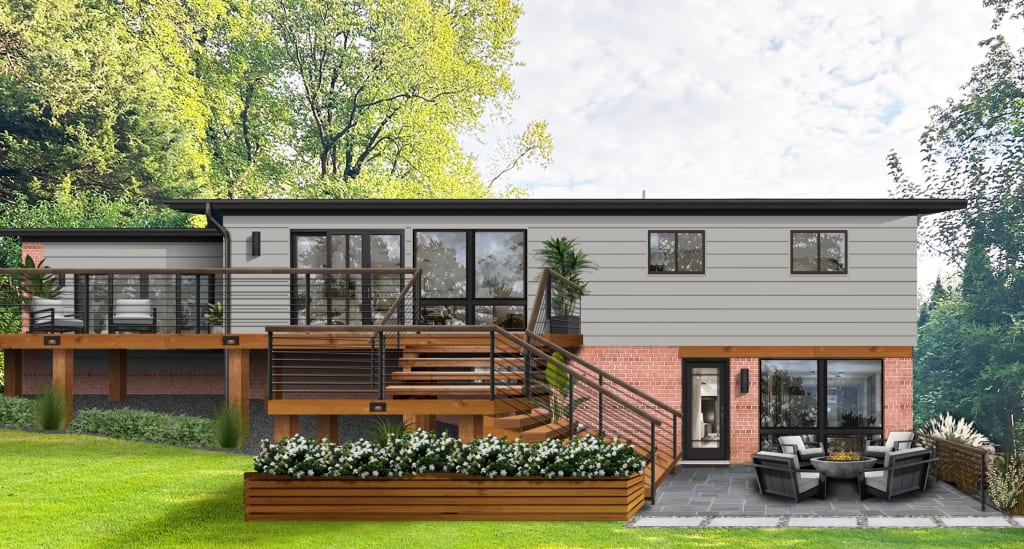 A rendering of a yard with a small patio and a deck