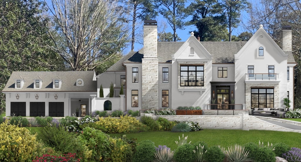 A large home painted in Seapearl with light-colored stone accents