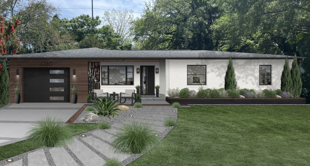 A rendering of a home exterior with a curved walkway