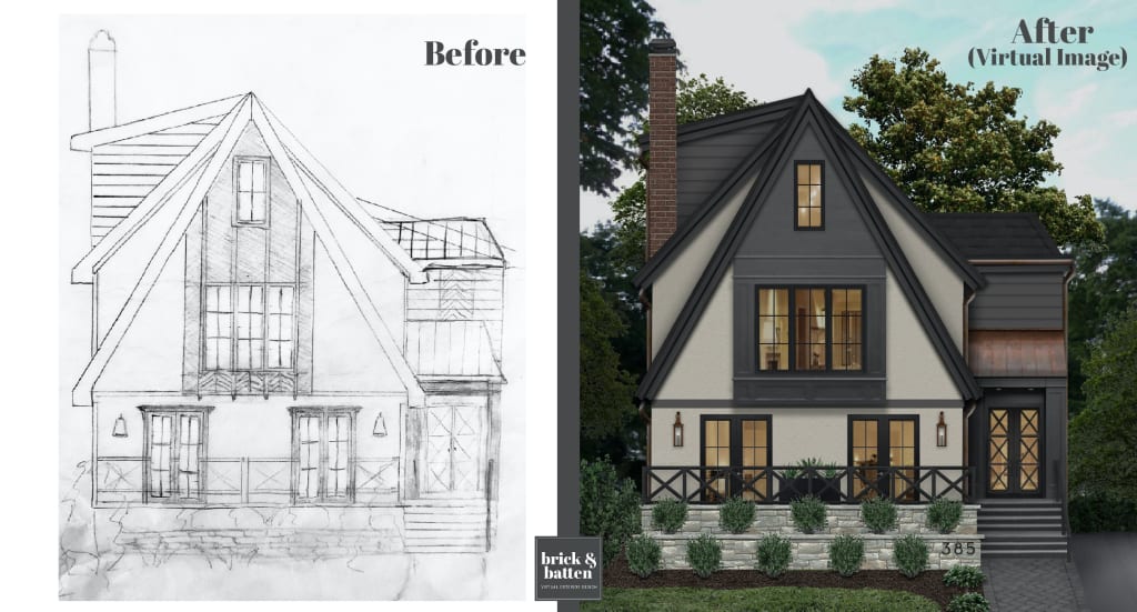 Before and after of a Tudor-style home with a double black front door