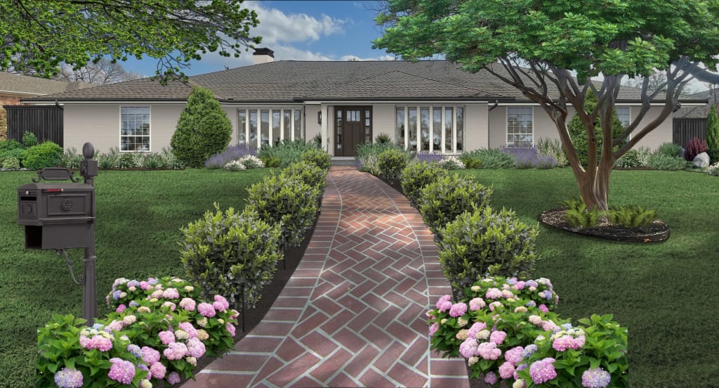 ranch with off-white brick and a red brick walkway