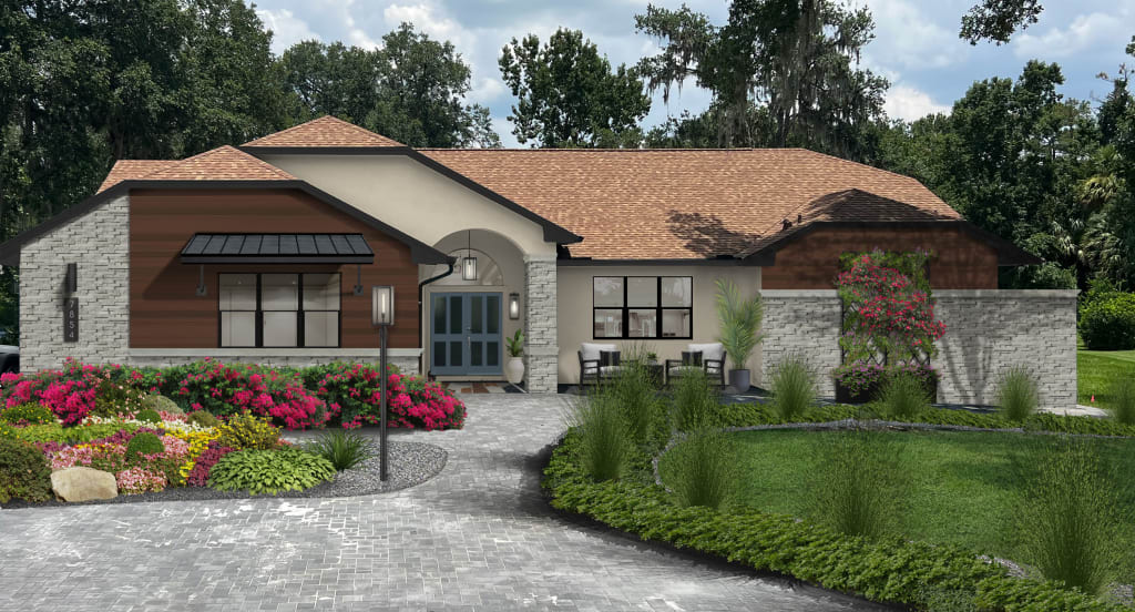 A rendering of an organic modern style home exterior