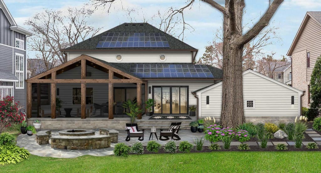 modern home with solar panels and timber framing and columns on the deck
