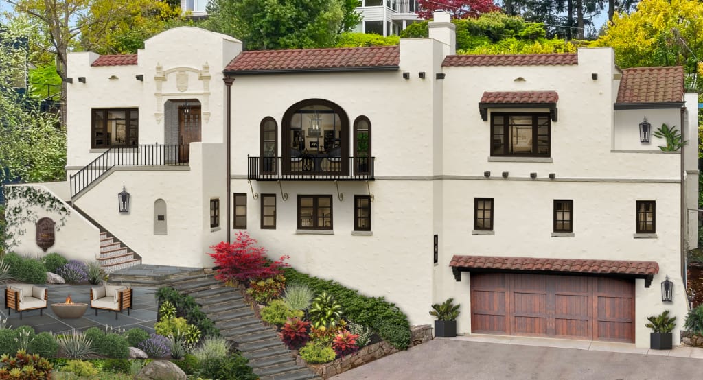 Virtual rendering of a Spanish Mediterranean stucco home with vertical railings