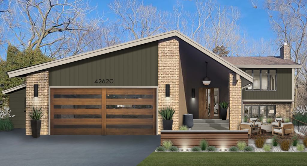 contemporary house with green siding, natural brick, and beige gutters