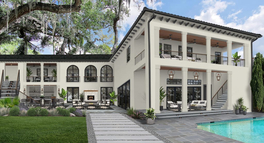large stucco home with a multi-level lanai
