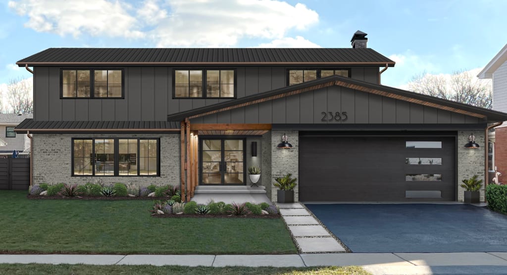 A virtual rendering of a home with board and batten siding with brick