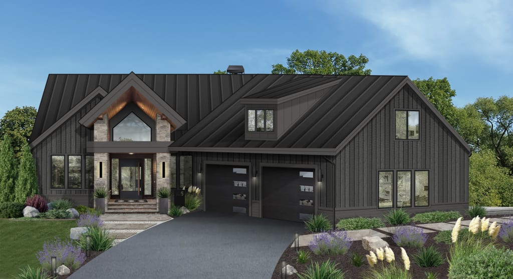 Virtual rendering of a black home with large modern garage doors, stone portico columns, and minimal landscaping.