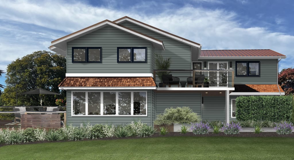 tradutional style exterior with blue green siding