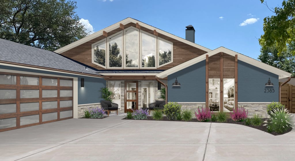 navy brick house with wood accents
