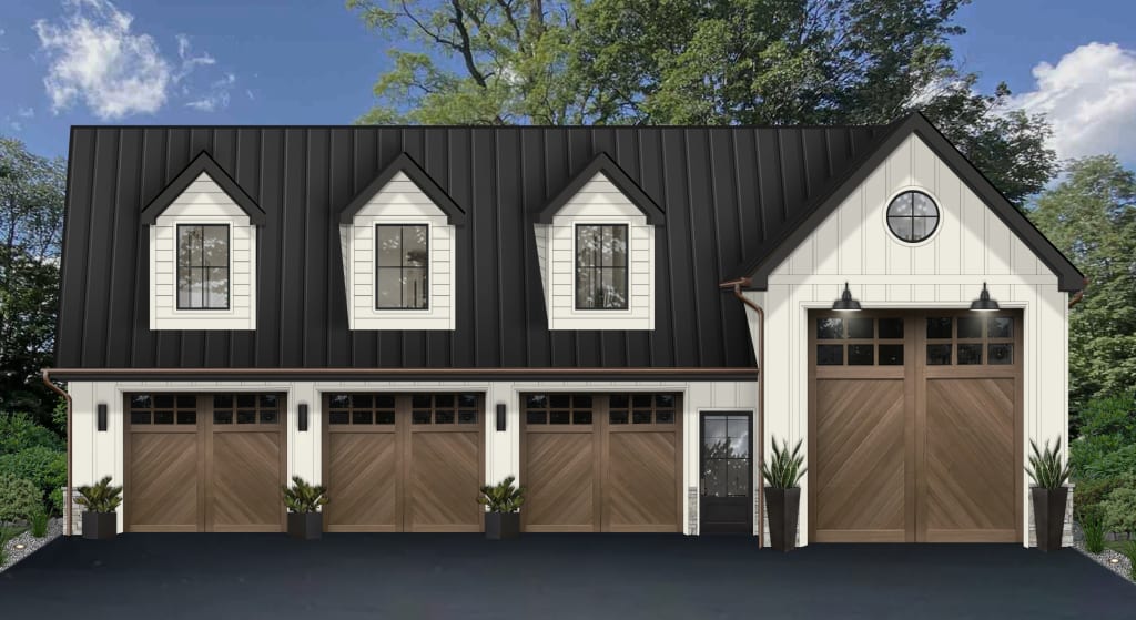 A virtual rendering of a large garage with wood doors