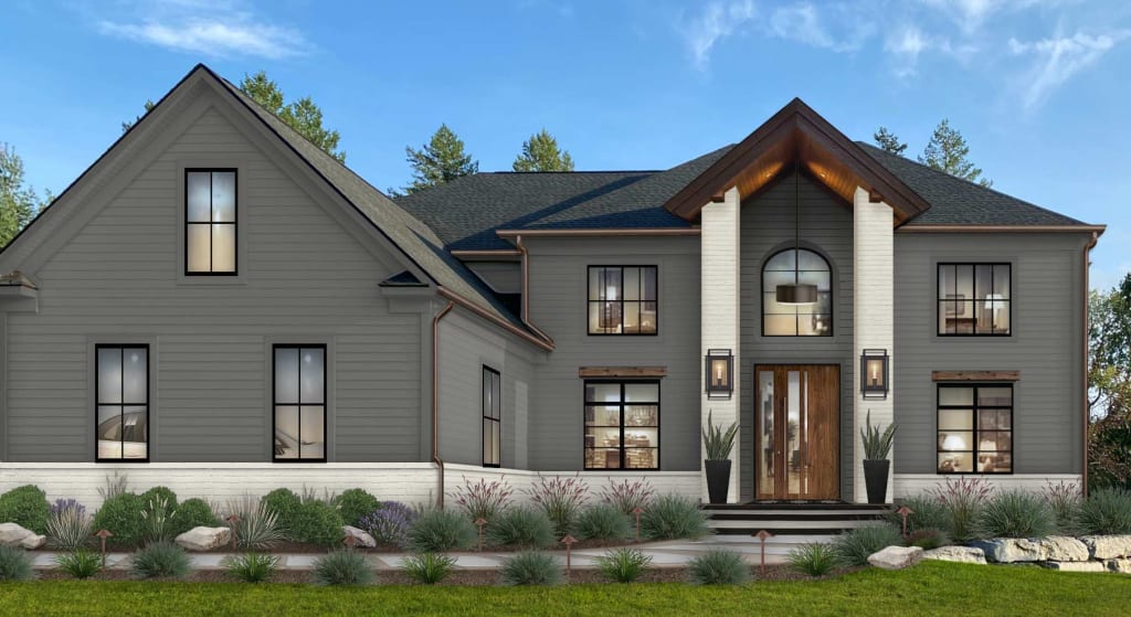 Home exterior featuring a mix of light gray plank siding and white painted brick siding.