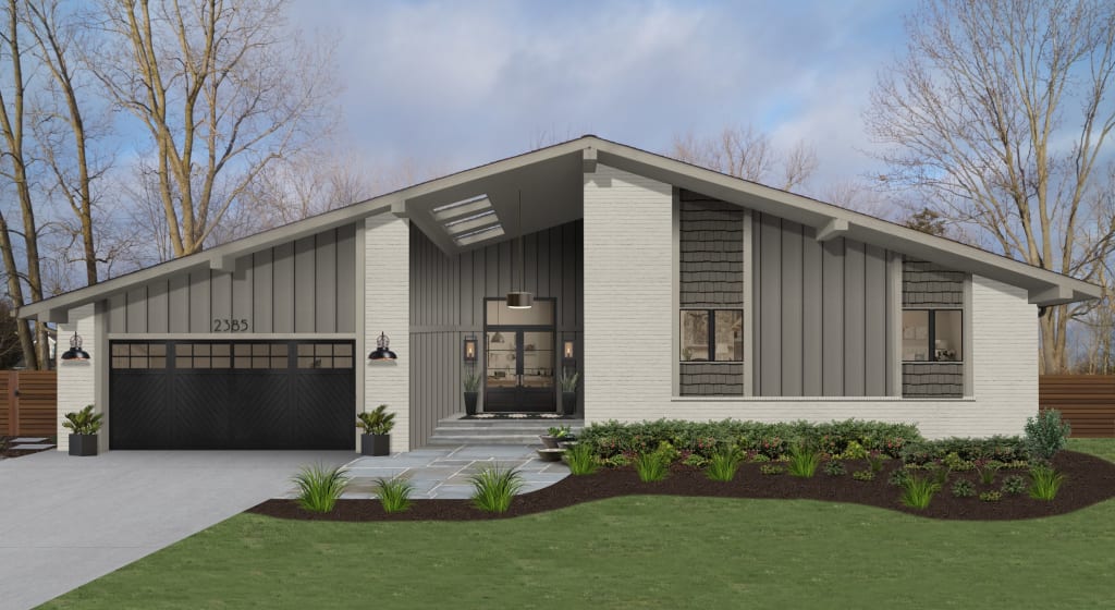 modern contemporary ranch style home with triangle roof painted off white and light gray with black garage door