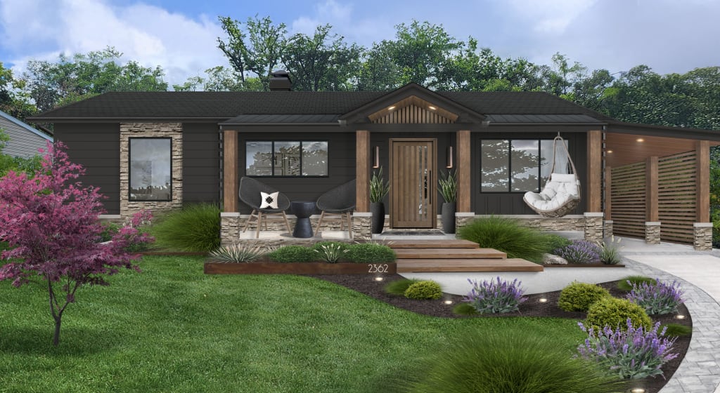 Virtual rendering of a black home with modern wood front door, a porch swing, and an attached car port.