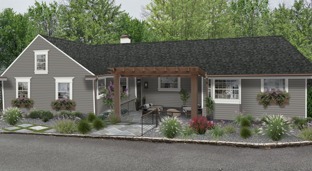 dark gray rancher with a cedar pergola, white windows with window boxes, and copper gutters