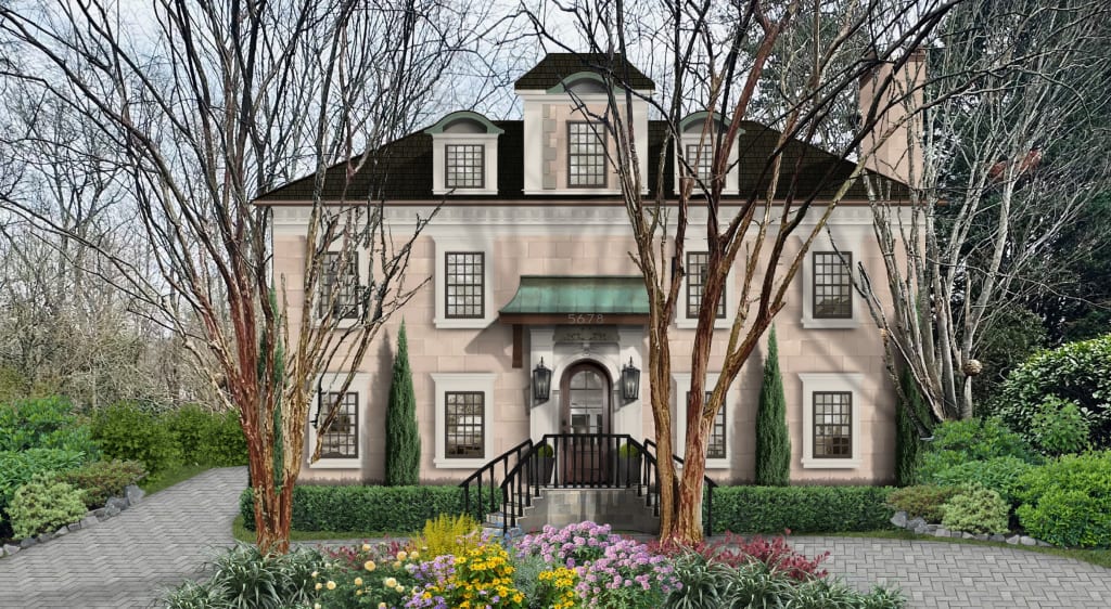 peachy-pink french country house with green door awning