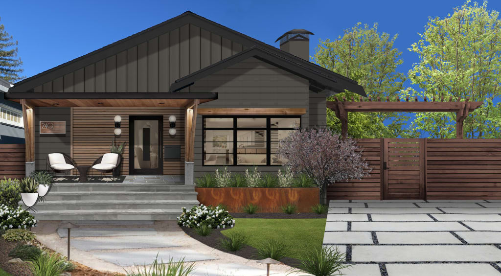 Virtual exterior design of a ranch home painted in Urbane Bronze with Tricorn Black accents and a window trim header above its large front picture window