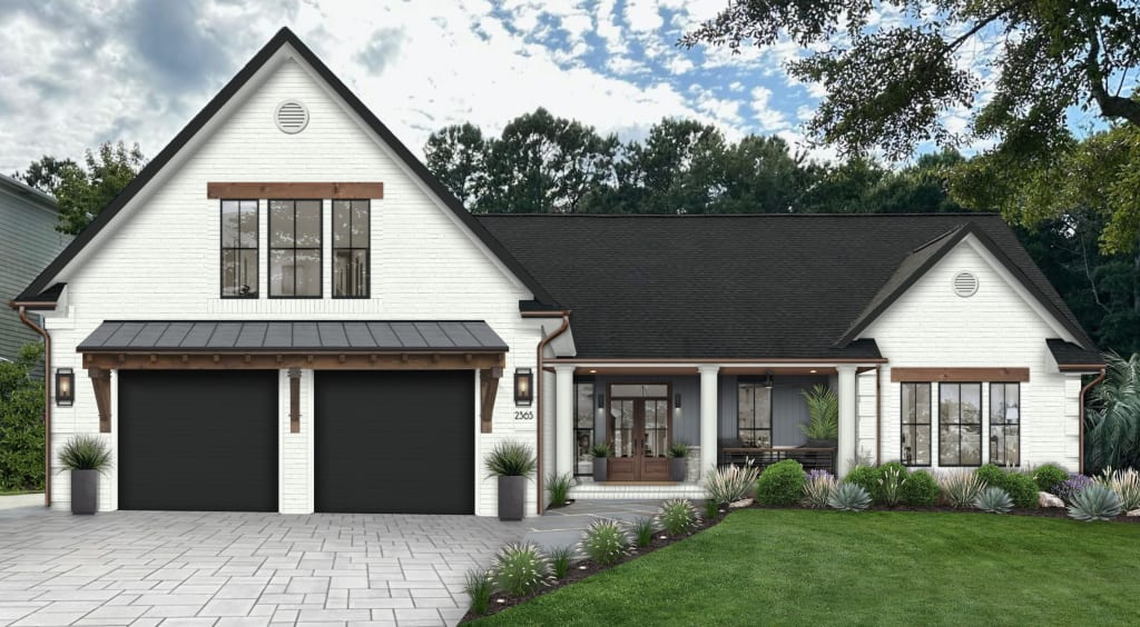 Home exterior with white painted brick, a black roof and garage doors, and wood accents.