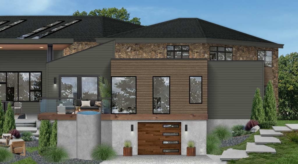 A rendering of the side of a modern mansion