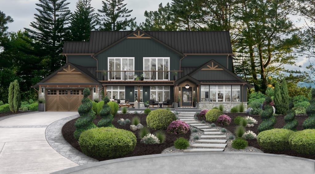 dark green house with black and wood accents