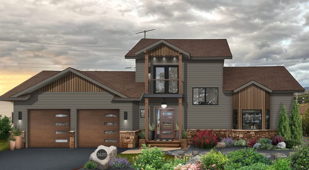 Dark sage modern cabin with vertical wood cladding, wood garage doors, black windows, and stained wood columns.