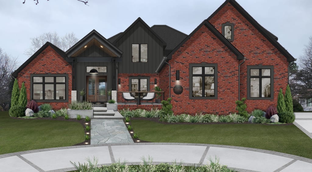 red brick house with charcoal trim and siding