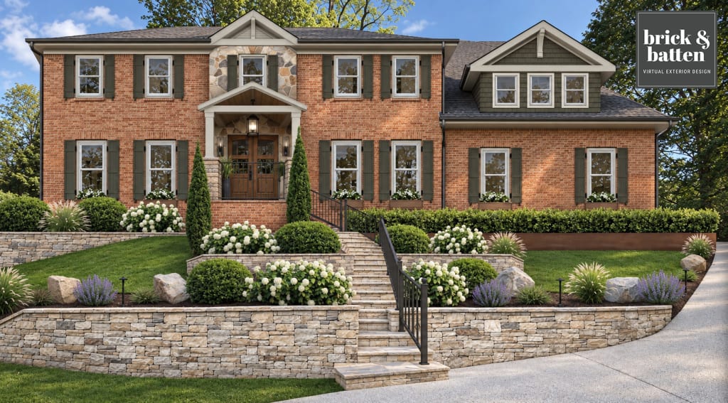 A brick home using Aegean Olive and Baby Fawn as accents.