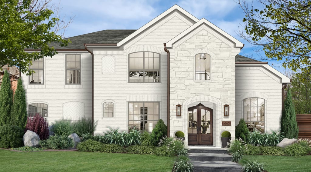 A virtual rendering of a home with faux copper gutters
