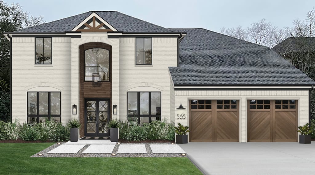Digital rendering of a traditional home painted in Heron Plume by Sherwin Williams with black windows, wood cladded entry, and black lighting fixtures.