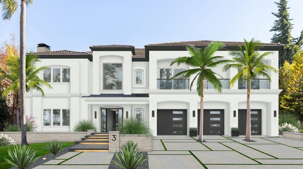 A large coastal home with modern garage doors, glass balcony railing, and a lighted walkway towards the entry.